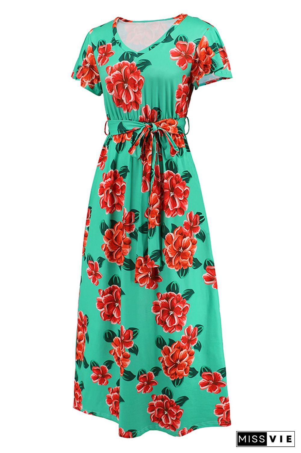 V Neck Short Sleeves Floral Maxi Dress