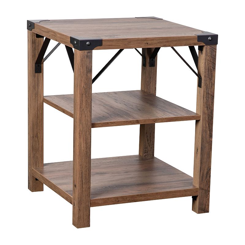 Flash Furniture Wyatt Modern Farmhouse Wooden 3-Tier End Table with Black Metal Accents