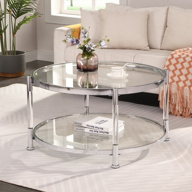 Grondin Modern Style Round 2 Tier Coffee Table Cocktail Table with Tempered Glass Top  Steel and Acrylic Frame