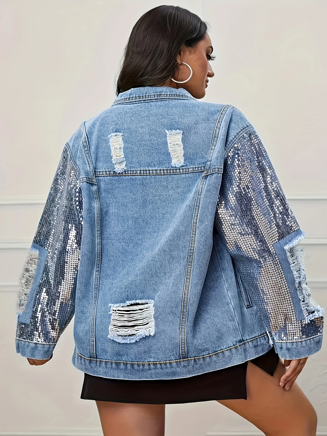 Ripped Vintage Long Sleeve Stylish Denim Jacket, Lapel Casual Denim Jacket With Button, Womens Clothing & Denim