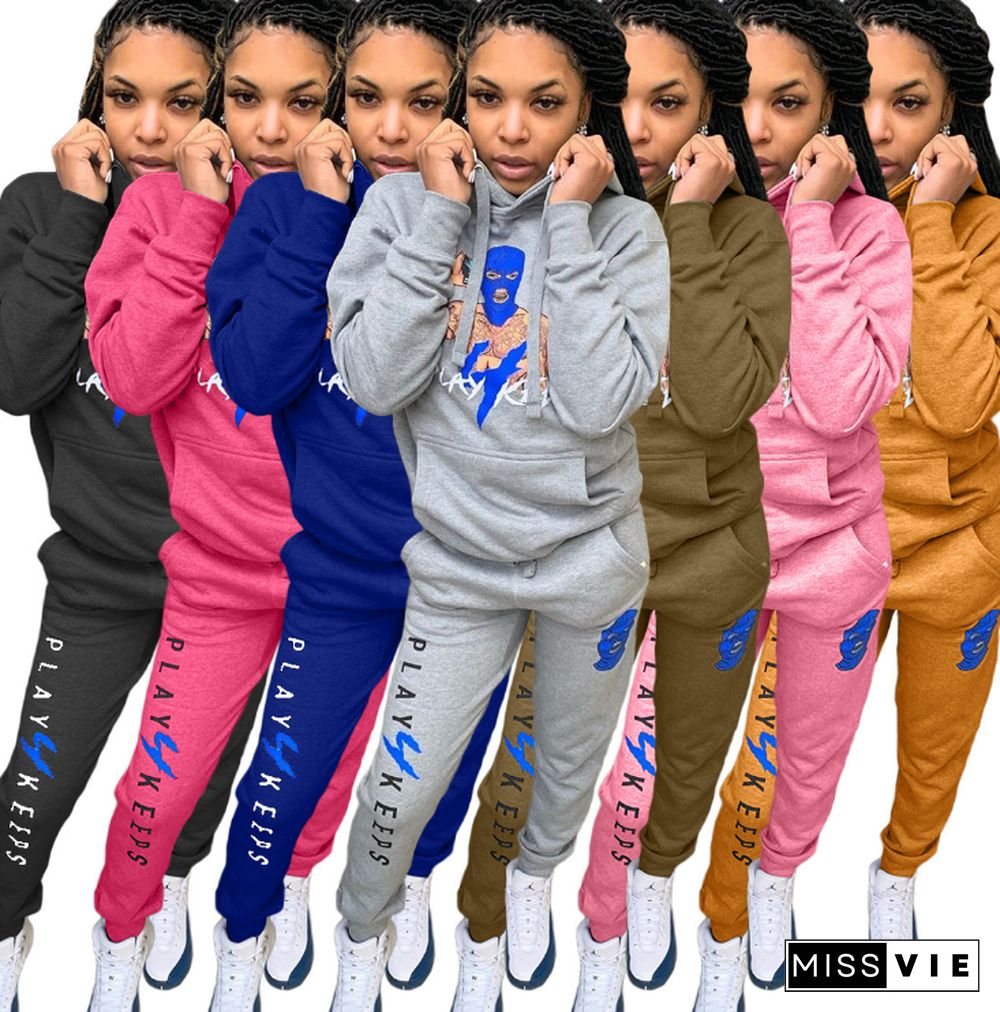 Winter Cute Offset Cartoon Letters Hoodie Pants Tracksuit