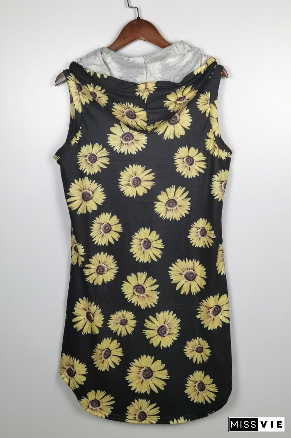 Leopard Sunflower Print Sleeveless Hooded Dress with Pockets