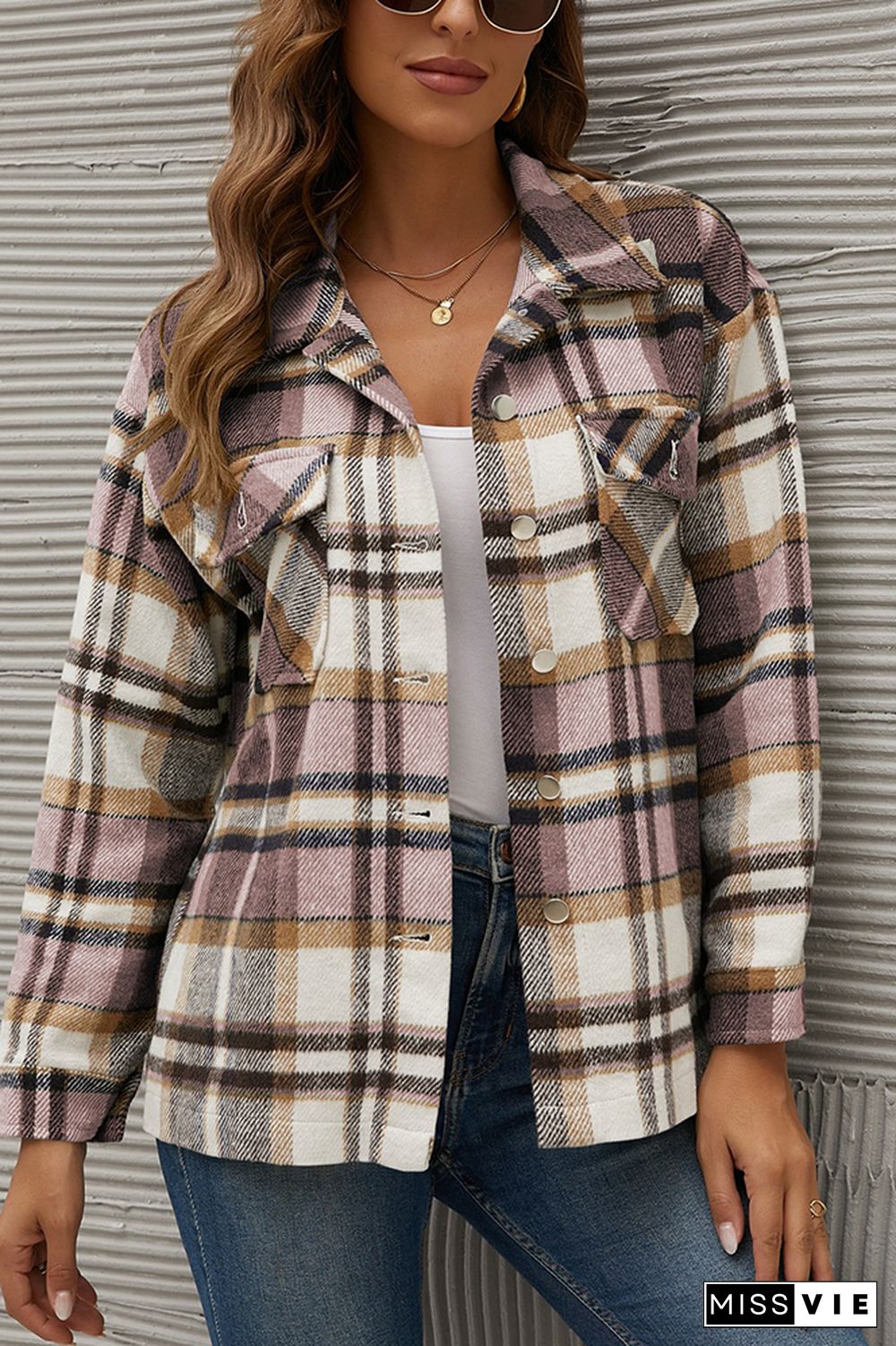 Plaid Button Down Pocketed Shacket Jacket Women Wholesale