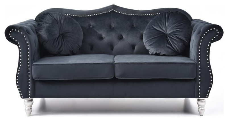 Pemberly Row 17 quotTransitional Tufted Velvet Loveseat in Black   Traditional   Loveseats   by Homesquare  Houzz