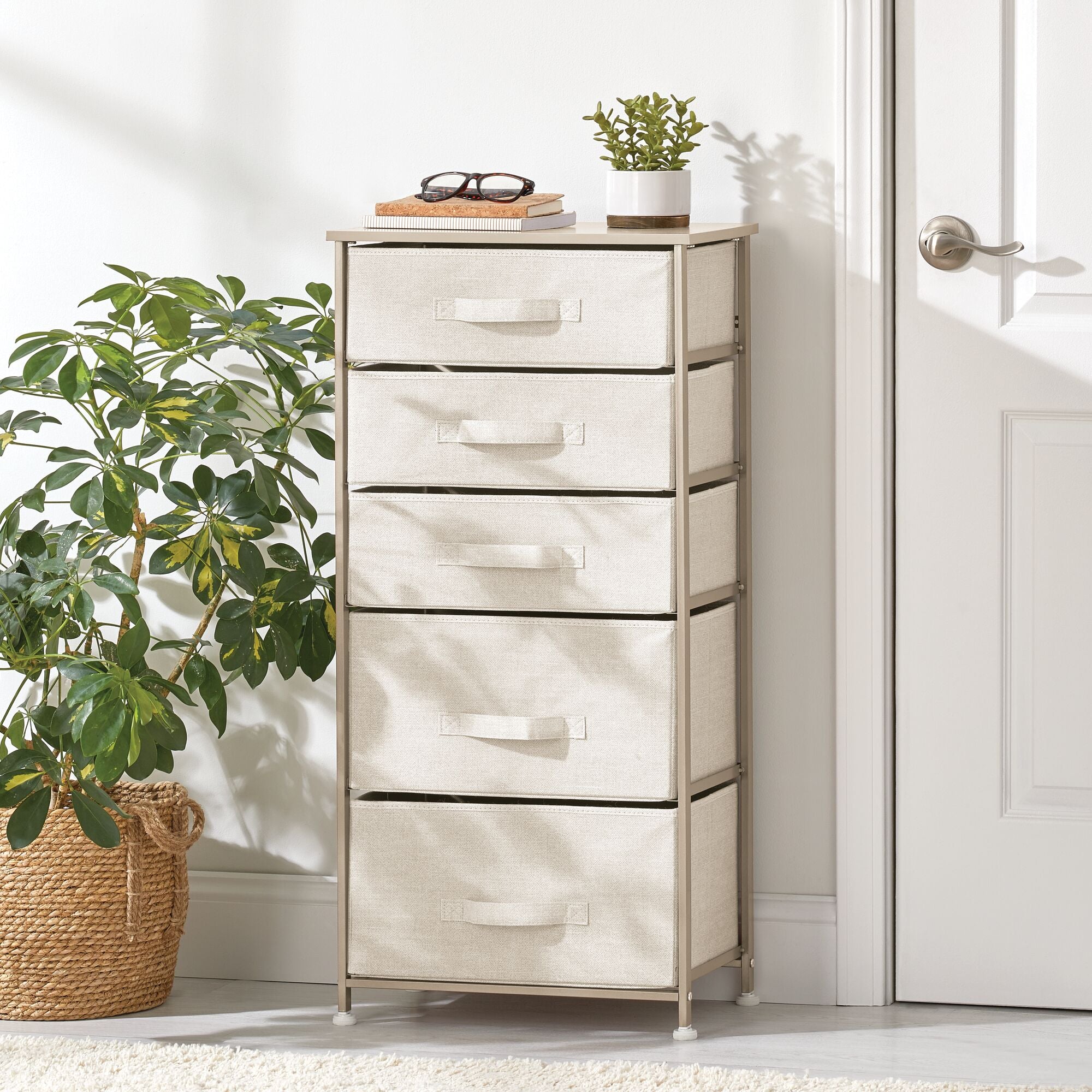 mDesign Storage Dresser Furniture Unit - Tall Standing Organizer Tower for Bedroom, Office, Living Room, and Closet - 5 Drawer Removable Fabric Bins - Cream/Gold