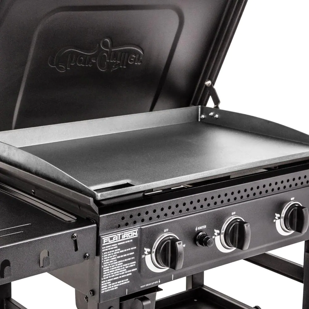 Char-Griller E8428 Flat Iron 3-Burner Outdoor Griddle Gas Grill with Lid in Black