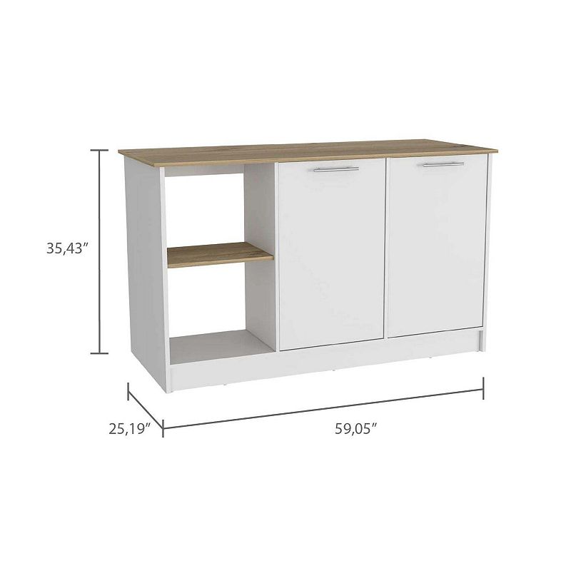 DEPOT E-SHOP Coral Kitchen Island， Two Cabinets， Four Open Shelves， Light Oak / White