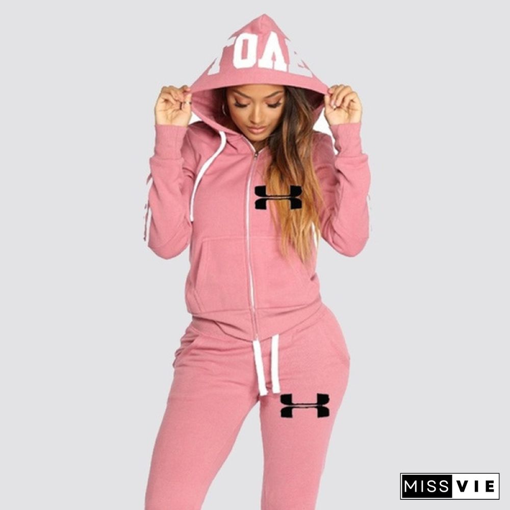 New Female Fashion Casual Zipper Stripe Sports Hoodie Set + Stretch Waist Sports Pants Set