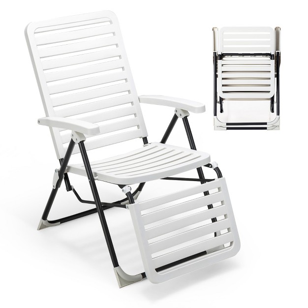 Costway Patio Pp Chaise Lounge Folding Reclining Chair 7 level Backrest Footrest White