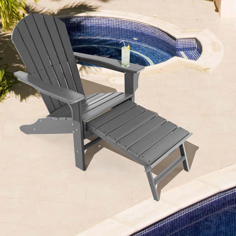 HDPE Adirondack Chair with Retractable Ottoman, Outdoor Chaise Lounge Chair for Lawn Pool Deck