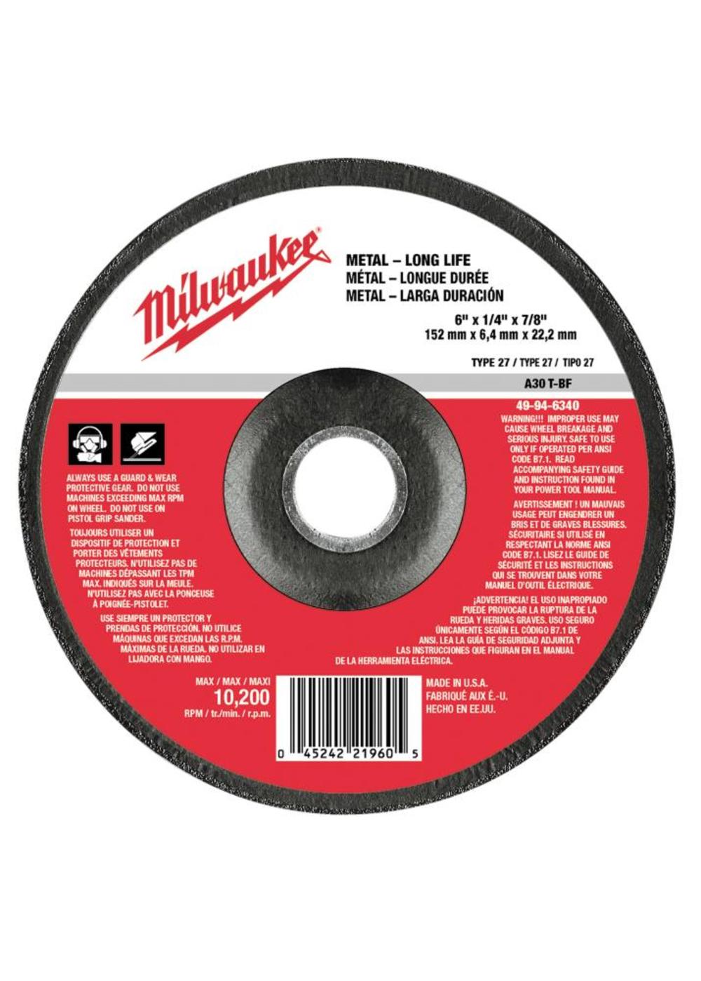 Milwaukee 6 in. x 1/4 in. x 7/8 in. Grinding Wheel (Type 27) 49-94-6340 from Milwaukee