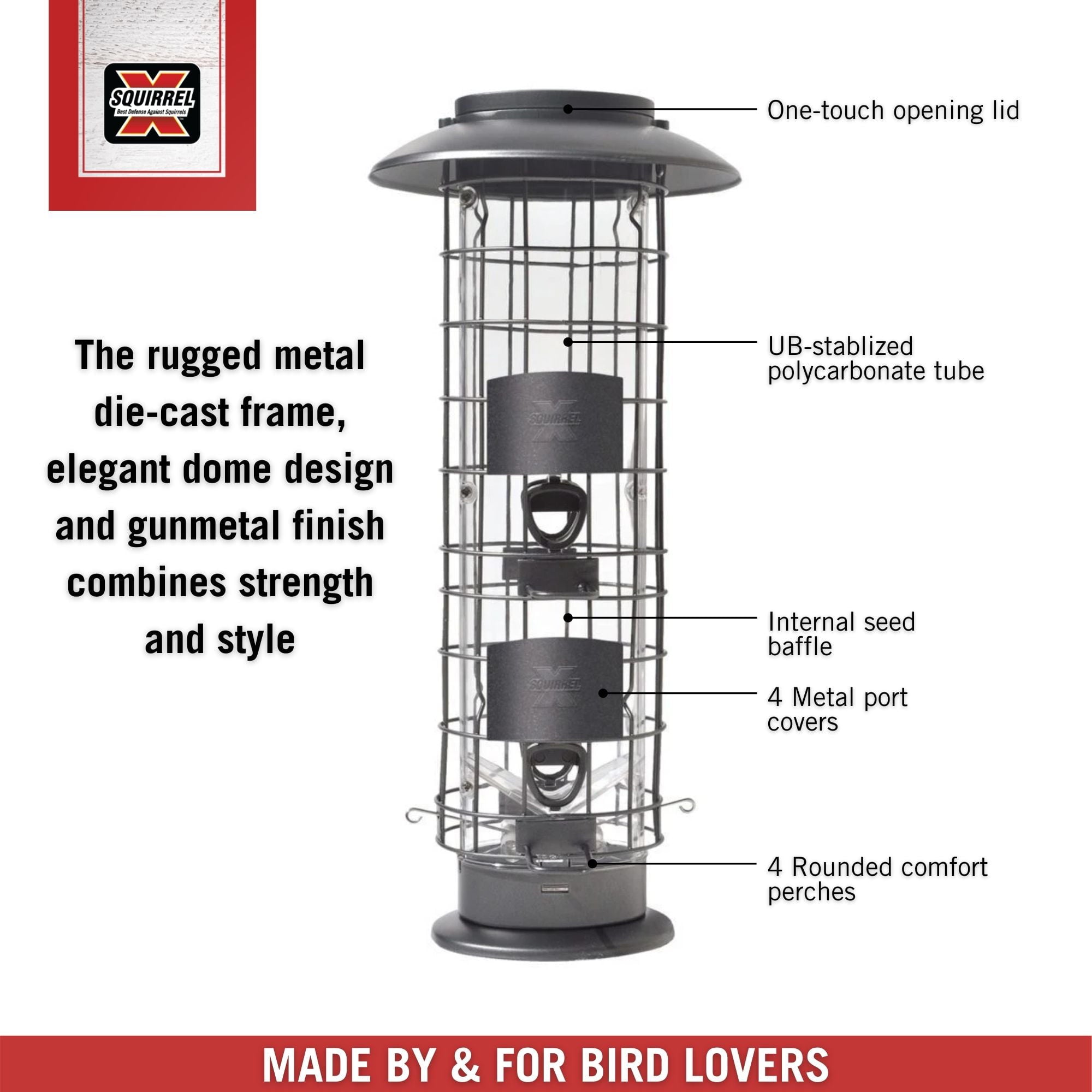 Squirrel-X X4 Squirrel Resistant Tube Bird Feeder for Wild Birds， Gunmetal