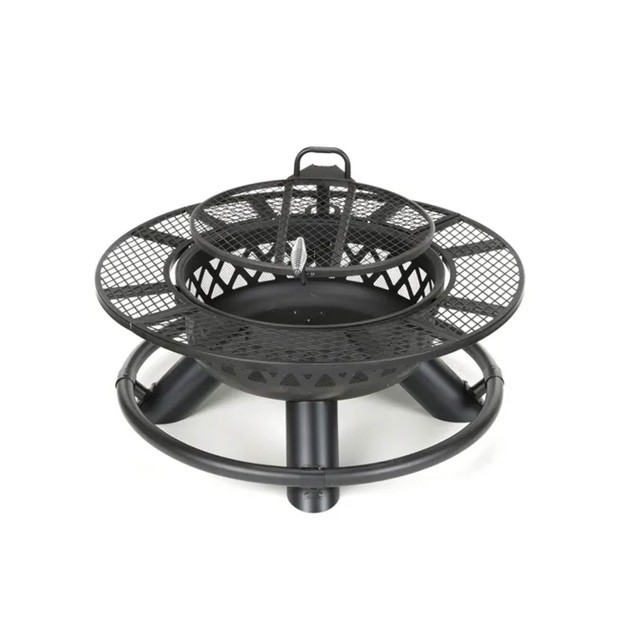 Steel Ranch Wood Burning Fire Pit Round Outdoor Fireplace With Adjustable Grill Top Safety Ring And Cooking Grate Black