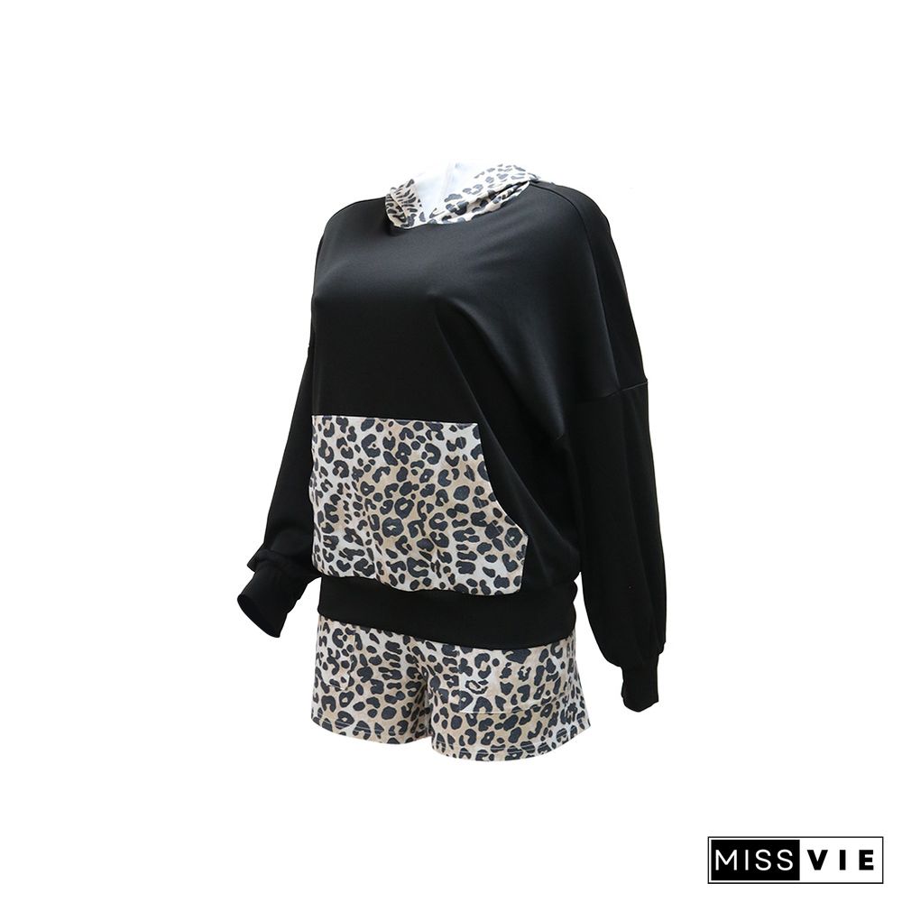 Leopard Patchwork Loose Hoodies Tops+Shorts Tracksuit