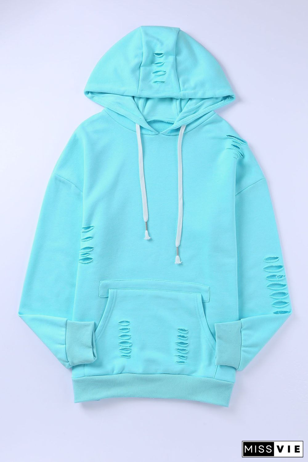 Solid Ripped Hooded Sweatshirt With Kangaroo Pocket