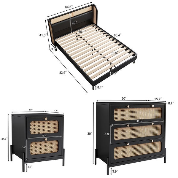 3 Pieces Rattan Wood Platform Queen Bed Nightstand and Chest - - 37952615