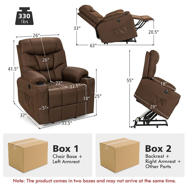 Electric Power Lift Recliner Chair with Vibration Massage and Lumbar Heat-Brown