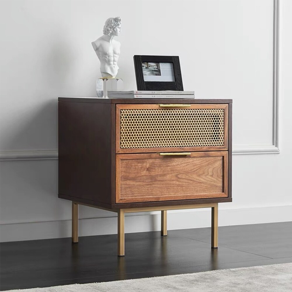 Mid Century Modern Bedroom Nightstand with 2 Drawers  Walnut Venner  Estainless Steel Brushed Titanium Plated For Bedroom