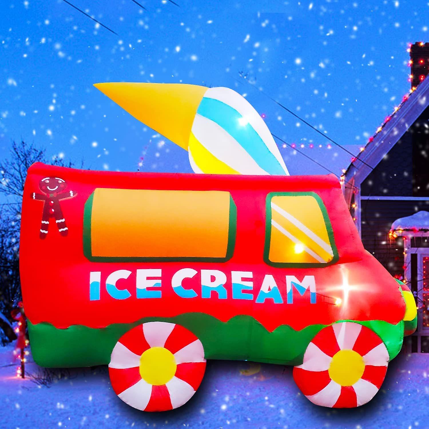 Inflatable Christmas Ice Cream Truck Decoration With Santa Claus Elf Gift Boxes Decor Led Lighted For Yard Lawn Garden Home Party