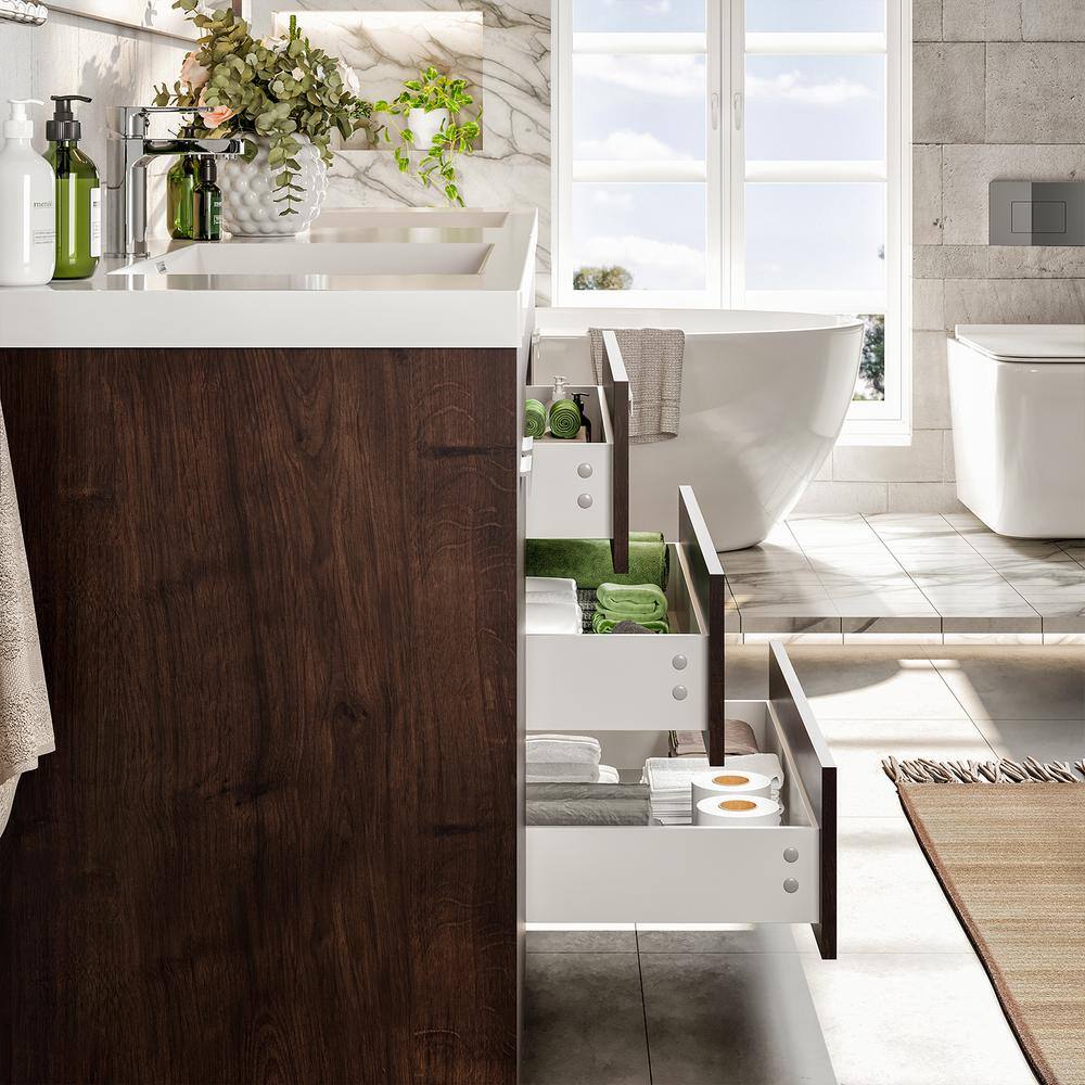 Eviva Lugano 84 in. W x 19 in. D x 34 in. H Double Bathroom Vanity in Rosewood with White Acrylic Top with White Sinks EVVN1900-8-84RSWD