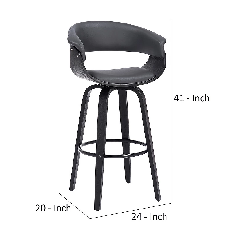 30 Inch Swivel Faux Leather Barstool with Curved Open Back， Gray