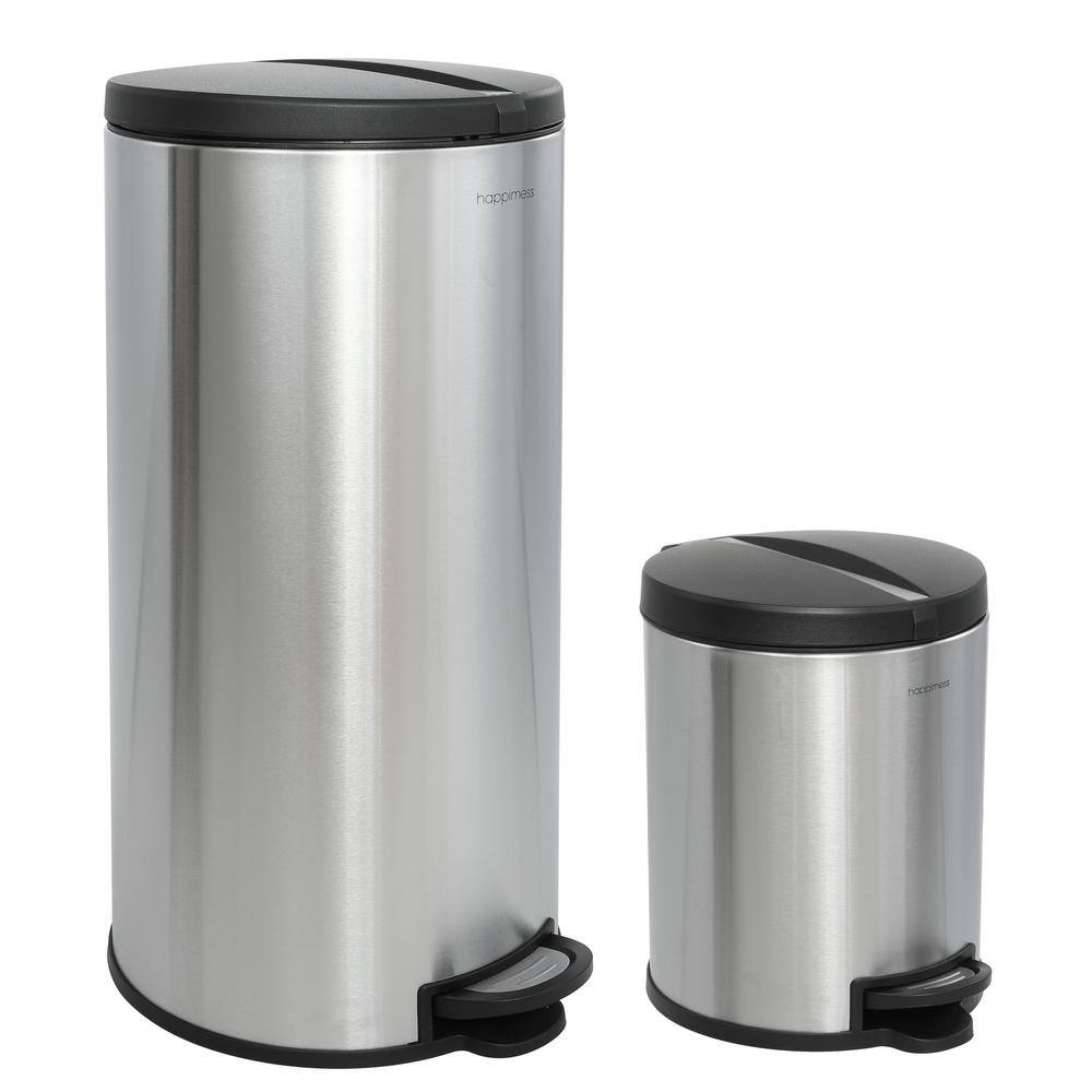 happimess Oscar Round 8 Gal. Stainless Steel Black Step-Open Trash Can with Free Mini Trash Can HPM1003B