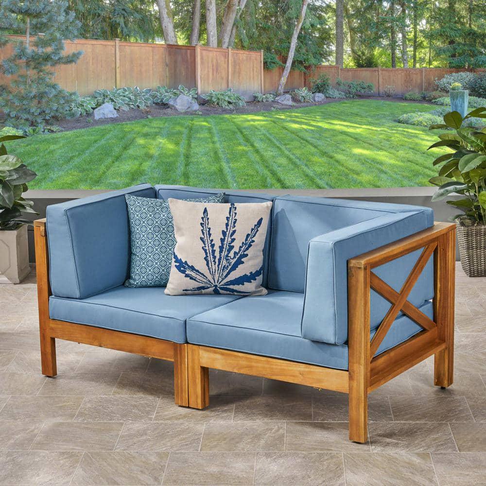 Noble House Brava Teak Brown 2Piece Wood Outdoor Loveseat with Blue Cushions