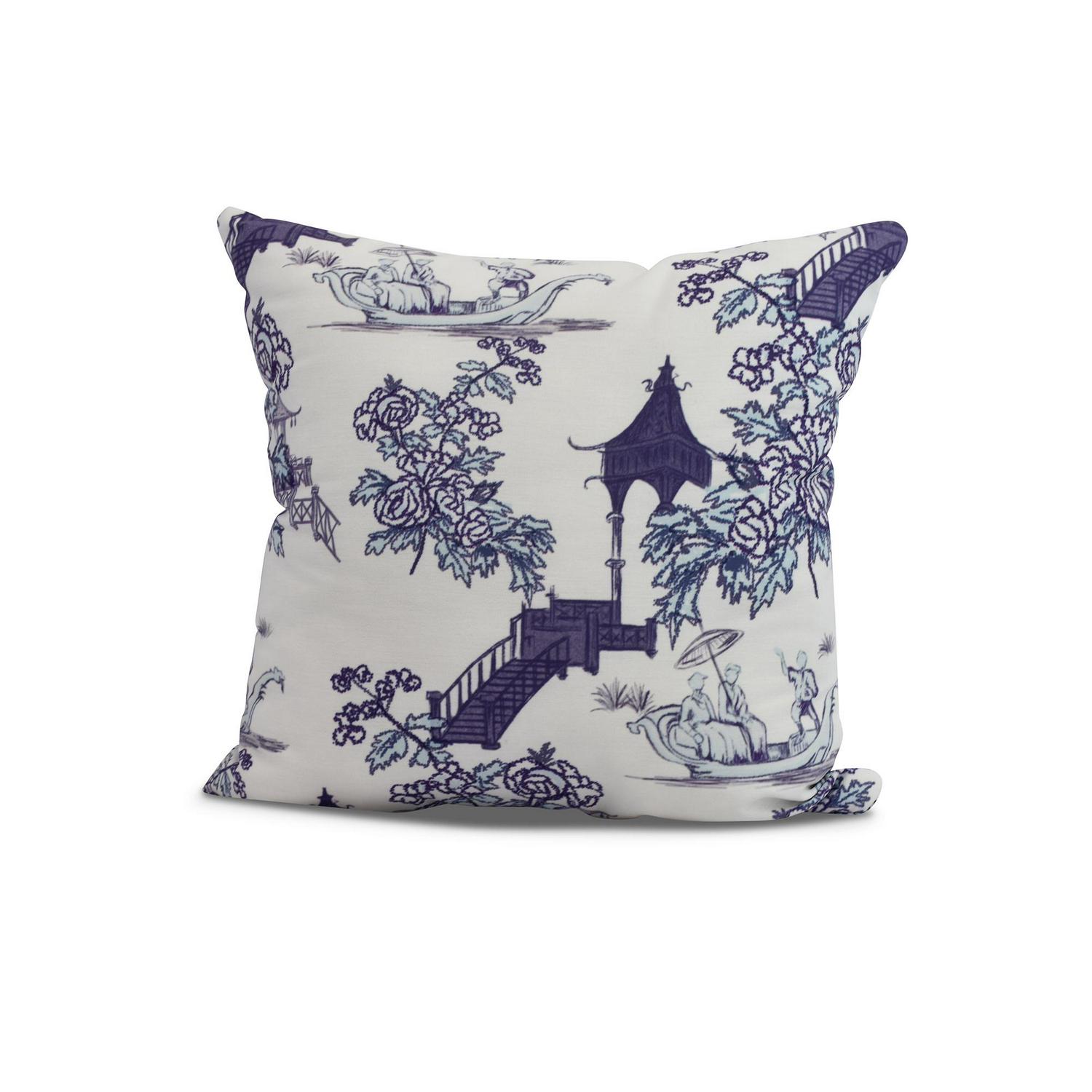 Simply Daisy， 20 x 20 China Old， Floral Print Outdoor Pillow， Navy Blue