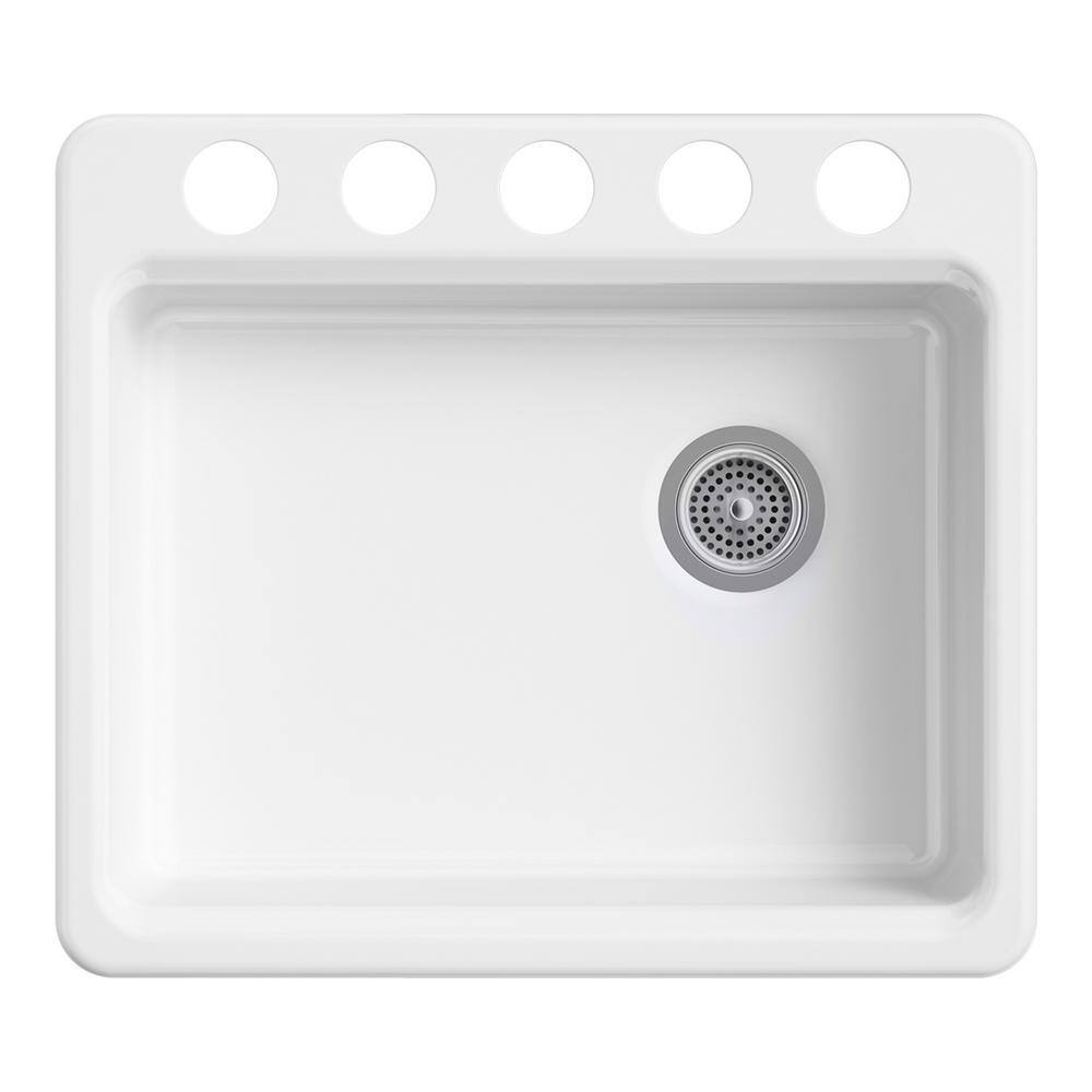 KOHLER Riverby Undermount Cast Iron 25 in. 5-Hole Single Basin Kitchen Sink in White K-5479-5U-0