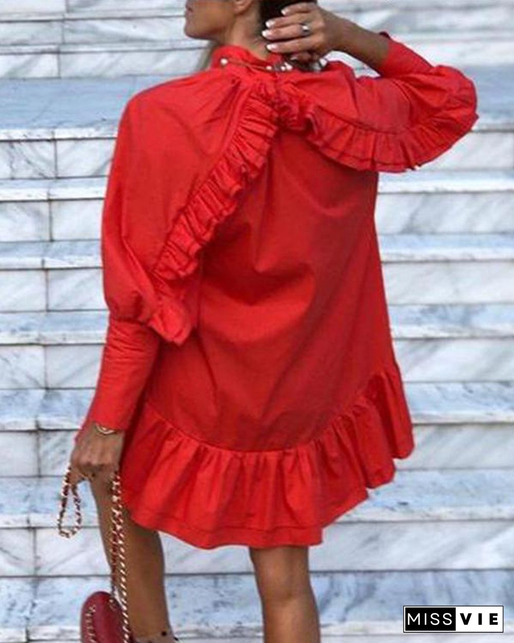 Solid Color Long Sleeve Mini Ruffled Dress