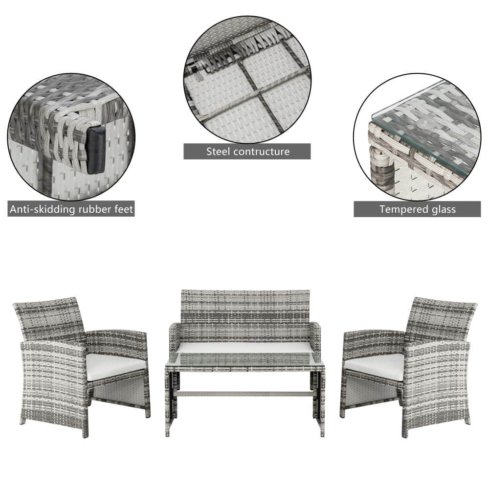 Winado Coastal Grey 4-Piece Wicker Patio Conversation Set with White Cushions 998292624038