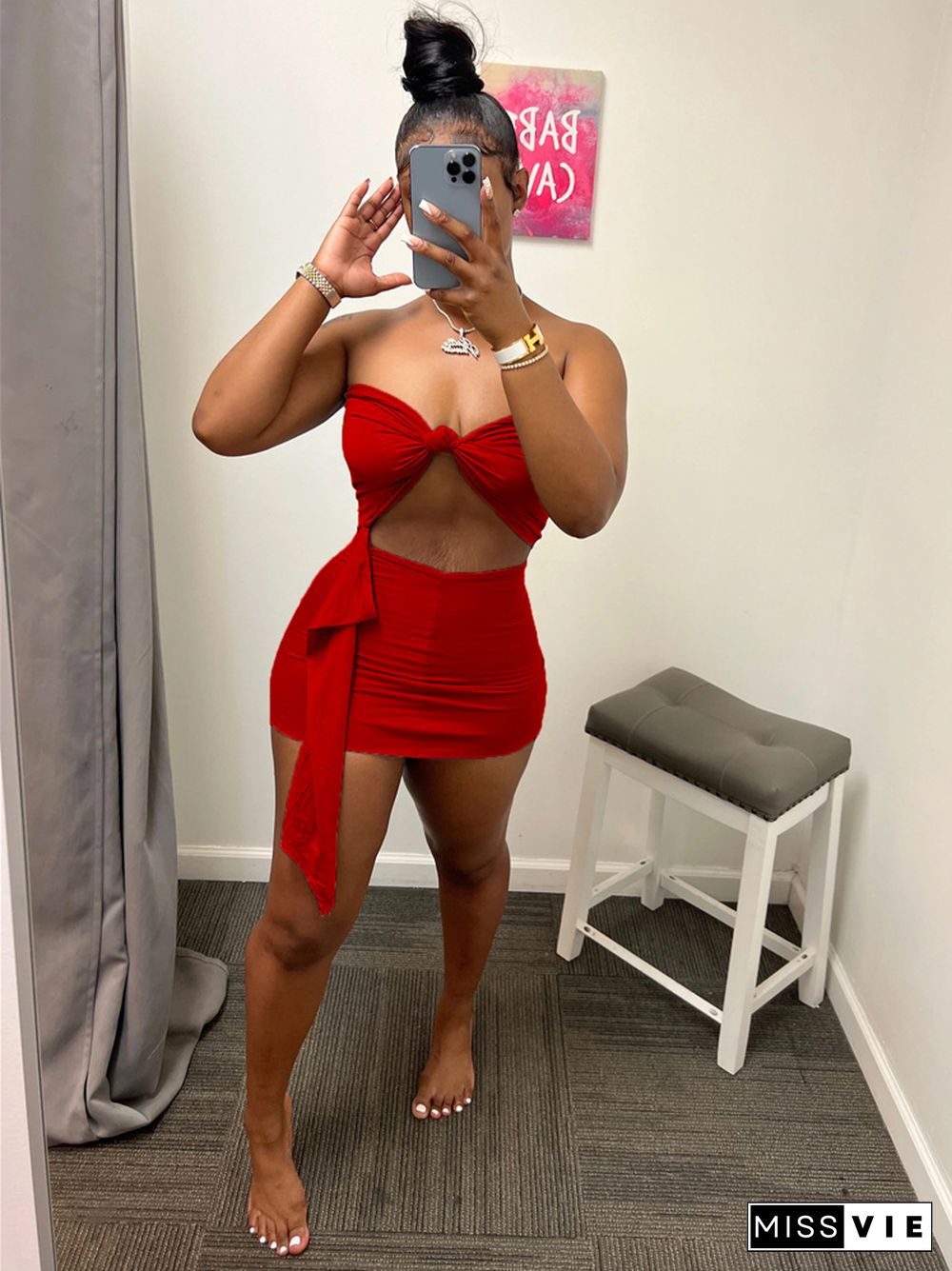 Strapless Tube Crop Tops with Mini Skirt 2 Piece Set