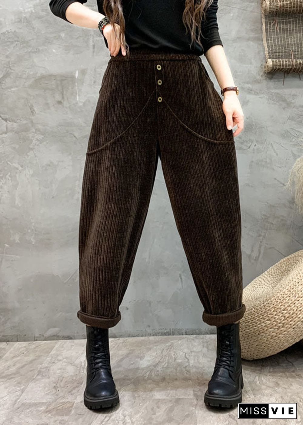 Unique Coffee Pockets Patchwork Elastic Waist Button Harem Pants Fall