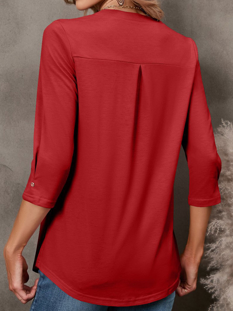 V-neck Casual Loose Solid Color Long-sleeved Blouse