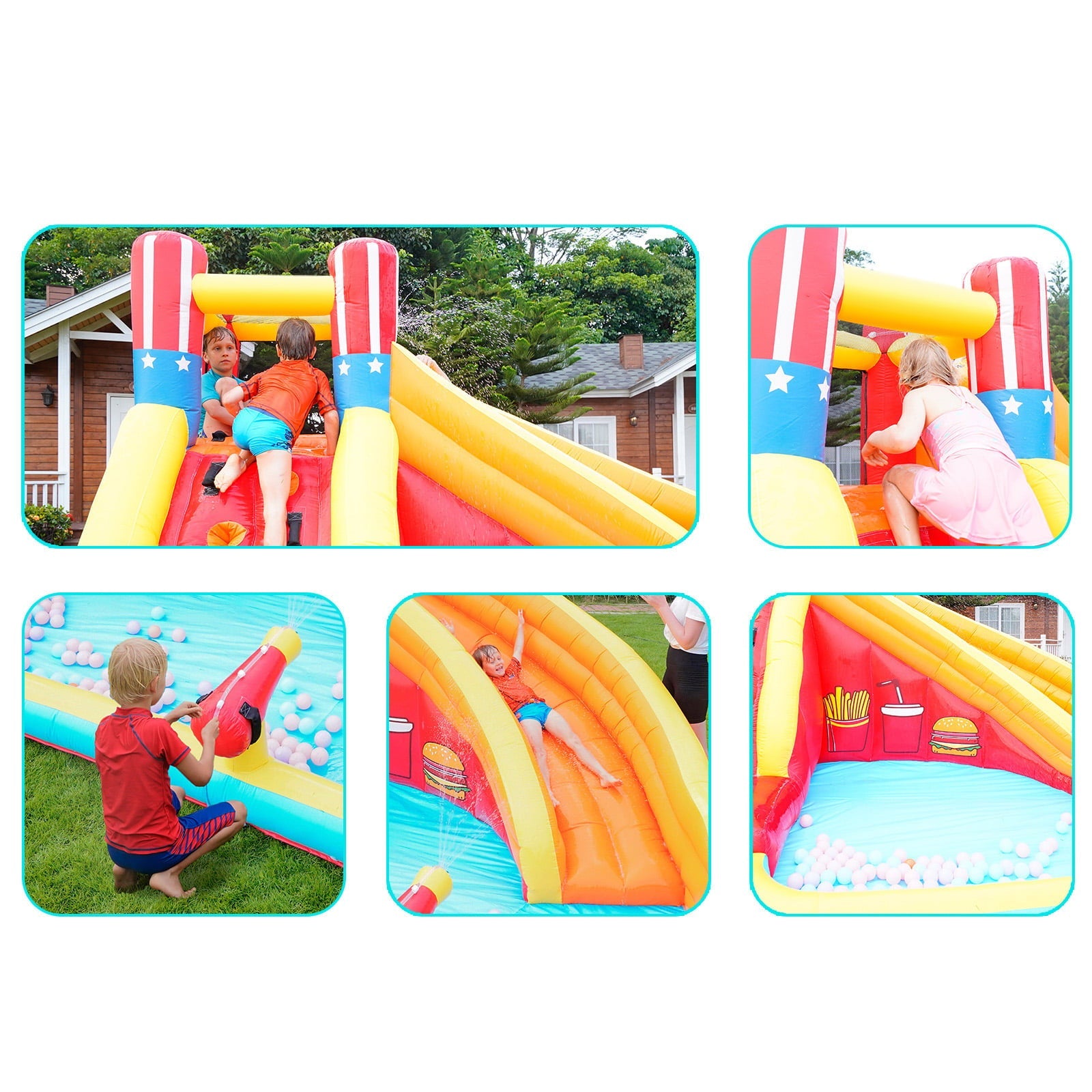 ametoys Inflatable Slide Backyard Park with Climbing Wall, Pool, Cannon, Heavy Duty Blower, Sprinkler, Stakes, Patches, Storage Bag for Outdoor Summer Fun