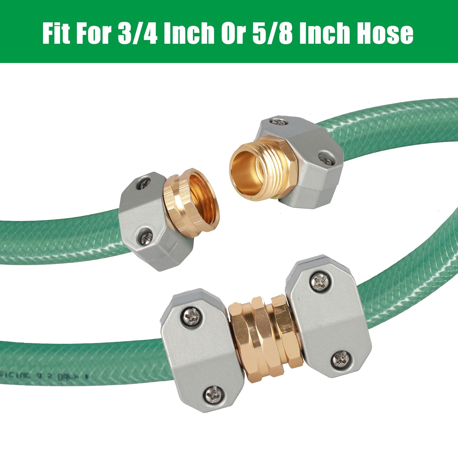 TSV 3 Sets Garden Hose Repair Connector Fittings， Aluminum Mender Male and Female Hose End Connectors with Zinc Clamp， Fit for 3/4