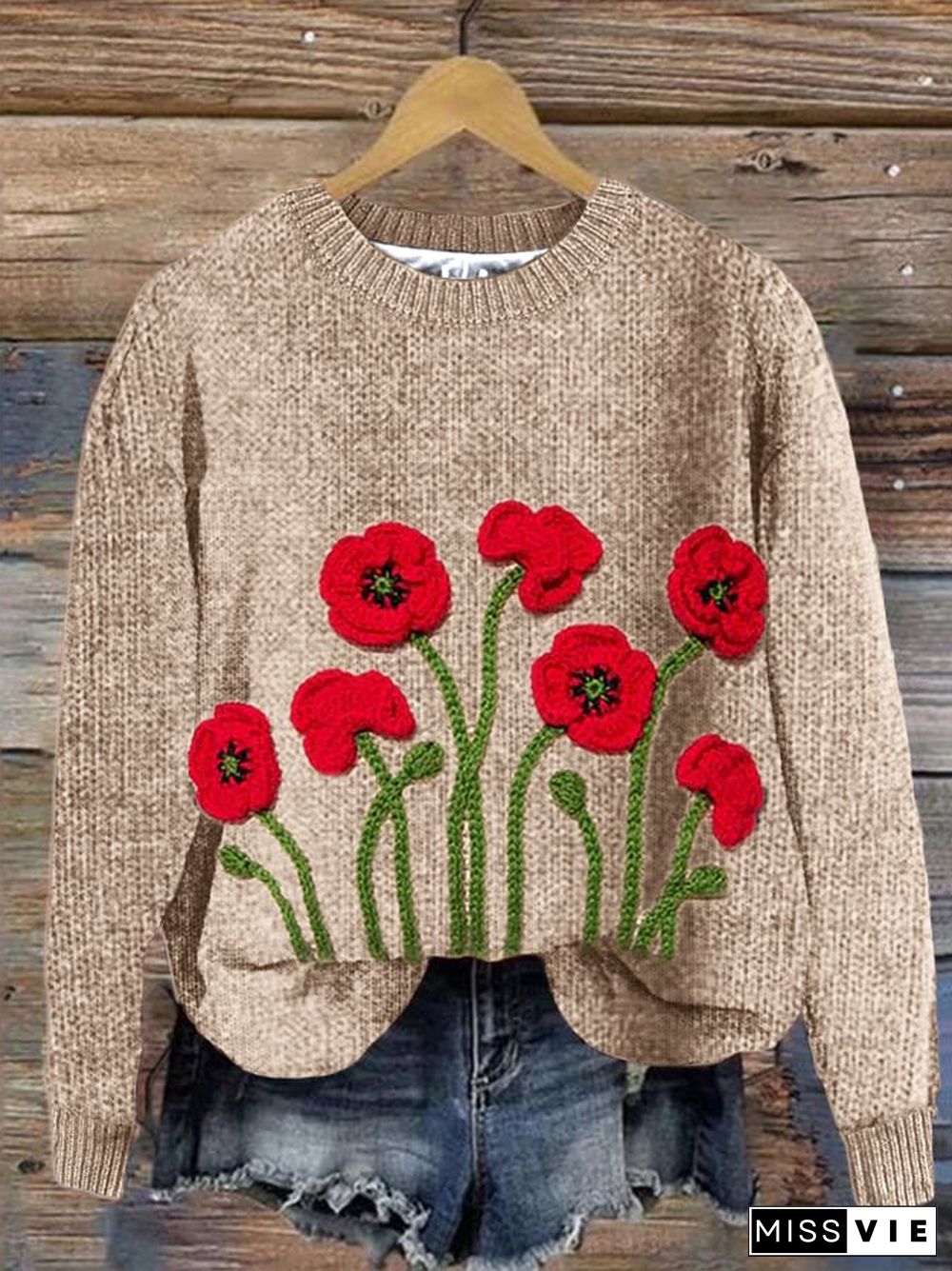 Women's Poppy Art Print Crew Neck Sweatshirt