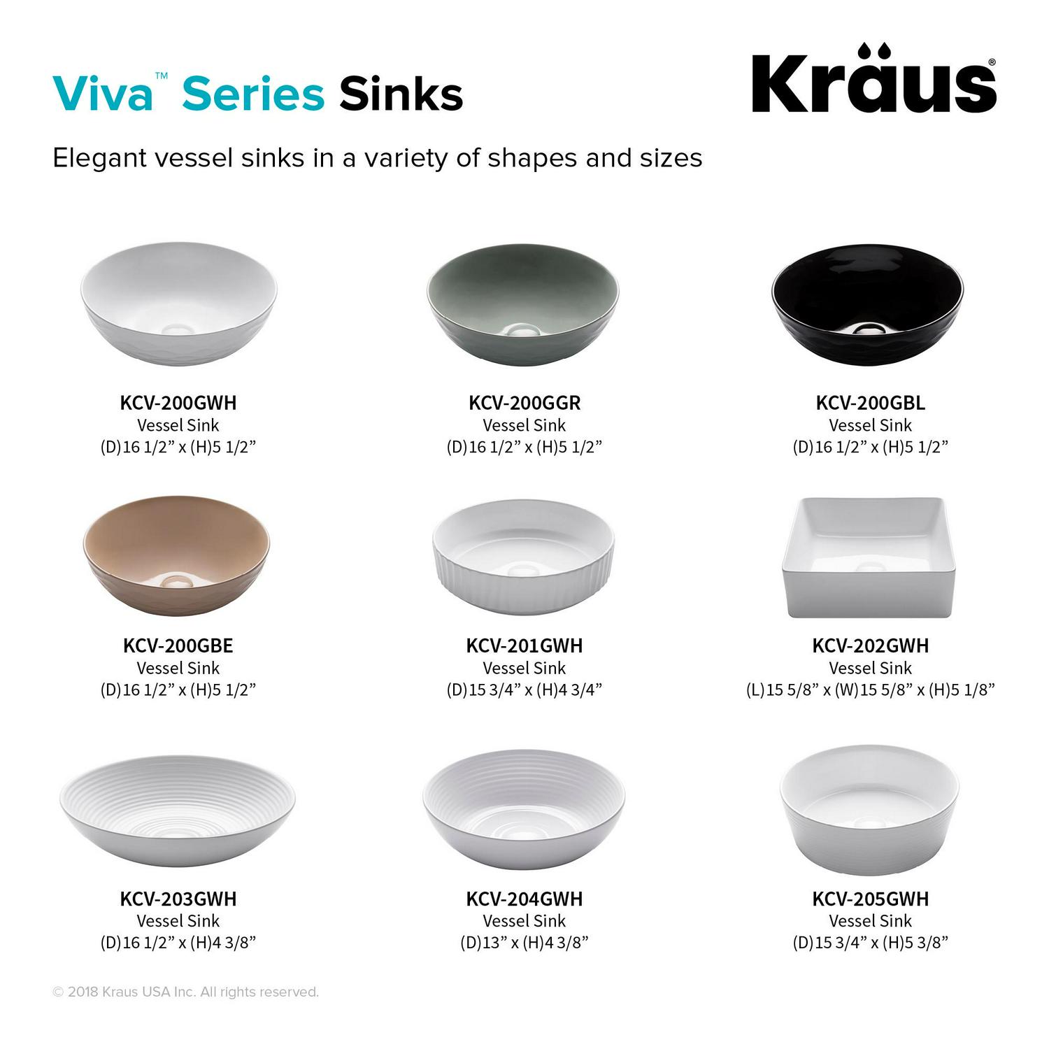 KRAUS Viva Round White Porcelain Ceramic Vessel Bathroom Sink with Pop-Up Drain， 16 1/2 in. D x 5 1/2 in. H