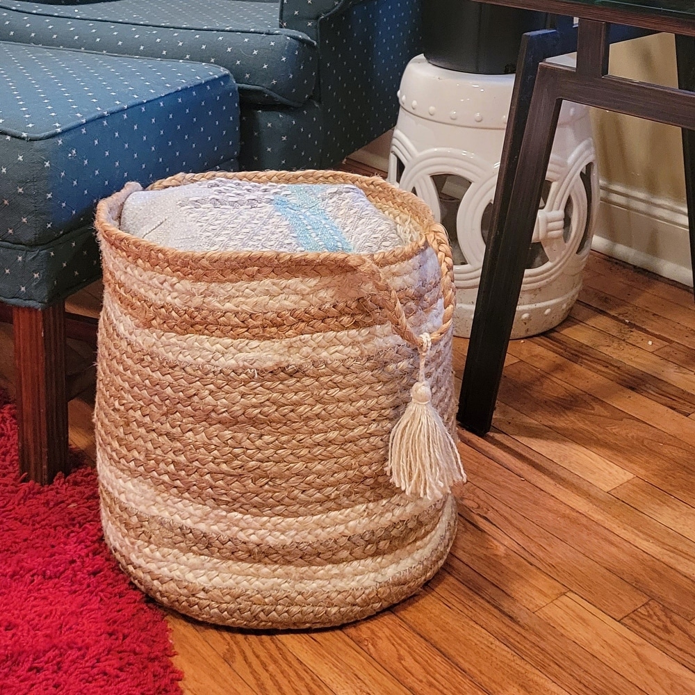 LR Home Montego Stripe Natural Jute Decorative Storage Basket (19 in.)   19\