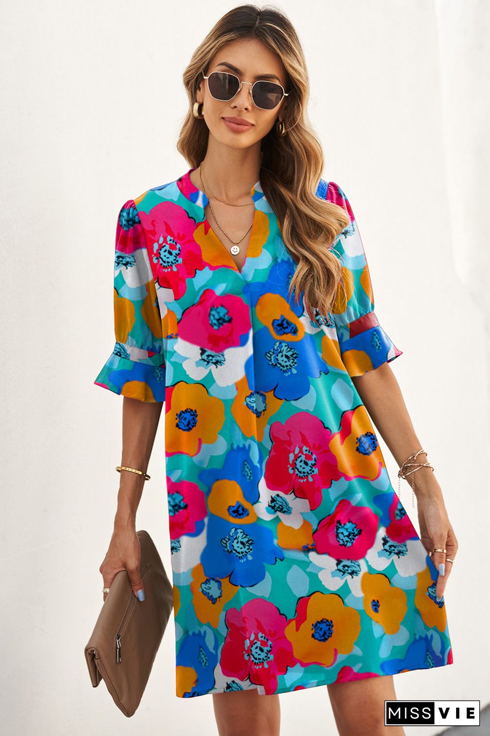 Multicolor Split V Collar Ruffle Sleeve Floral Shift Dress