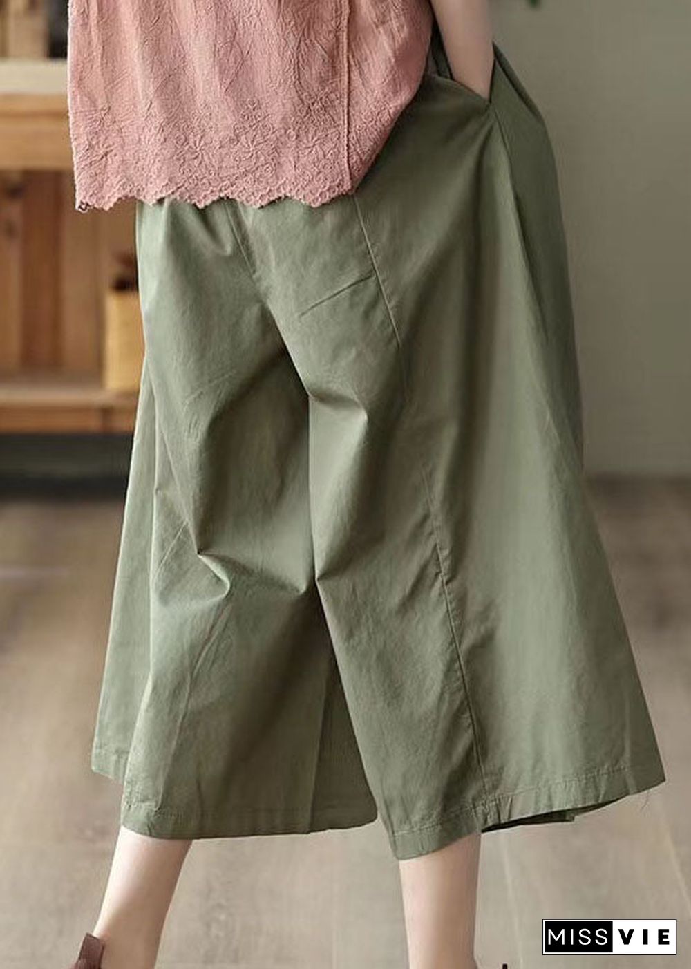 Bohemian Army Green Pockets Patchwork Cotton Crop Pants Summer