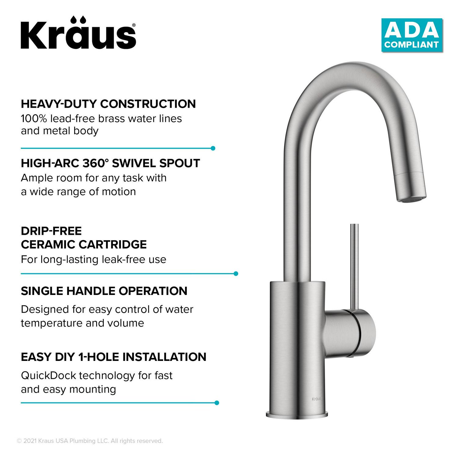 KRAUS Spot Free Oletto Single Handle Kitchen Bar Faucet in all-Brite Stainless Steel Finish