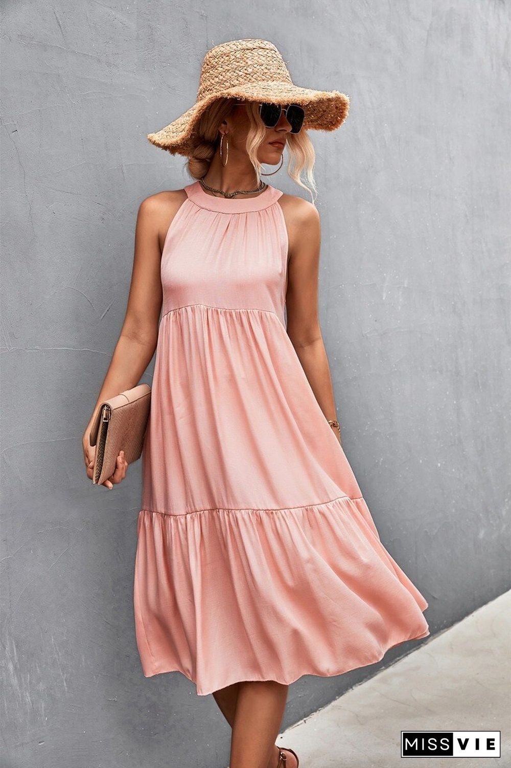 Elegant Sexy Dress Women Summer Dresses New Casual Loose Beach High Waist Solid Sleeveless A-line Midi O-neck Halter Dress