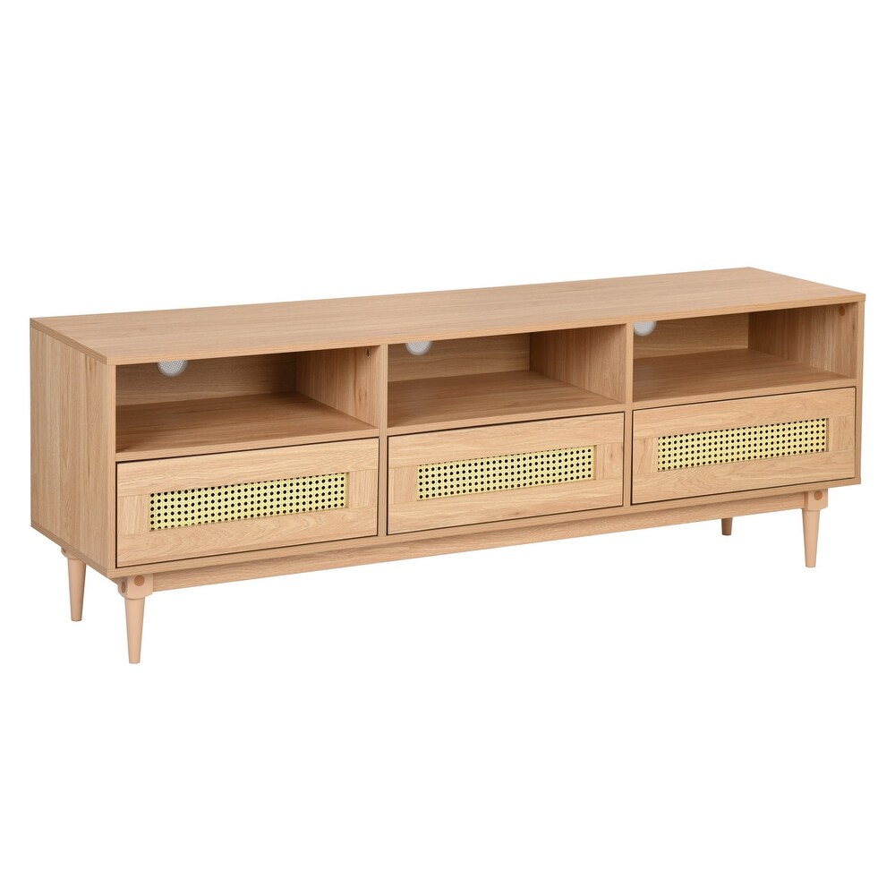 Rattan TV Stand with 3 Drawers   Open Shelves  Farmhouse TV Cabinet for Up to 70\