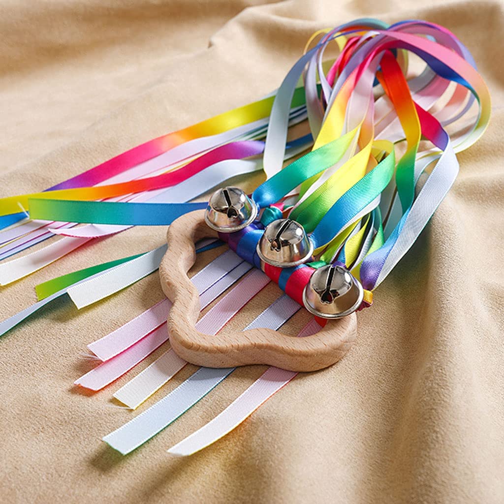 2 Piece Montessori Wooden Rainbow Ribbon Rattle Hand Kite Toys Baby Develop Hearing Recognition Sensory Shower Birthday GiftTeether Rattles Toys Hanging Rattles Stroller Car Seat Toy