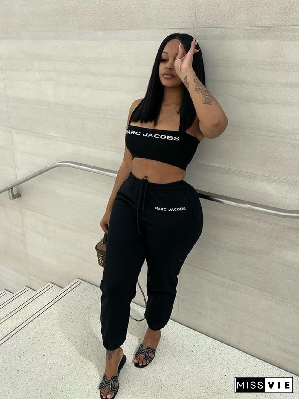 Letter Print Camisole Crop Top Sweatpants Matching Sets