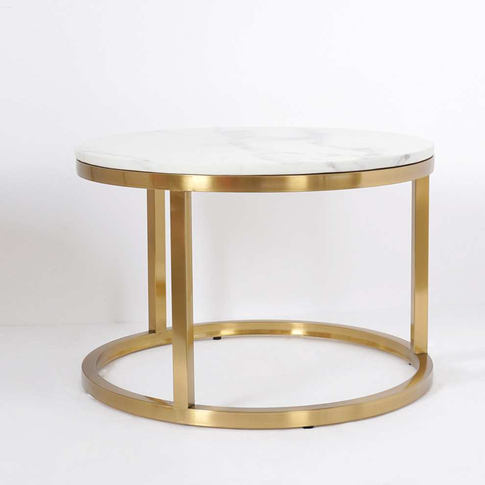 Modern Round Coffee Table Gold Metal  ampWhite Marble Accent Table with Set of 2   Contemporary   Coffee Table Sets   by Homary International Limited  Houzz