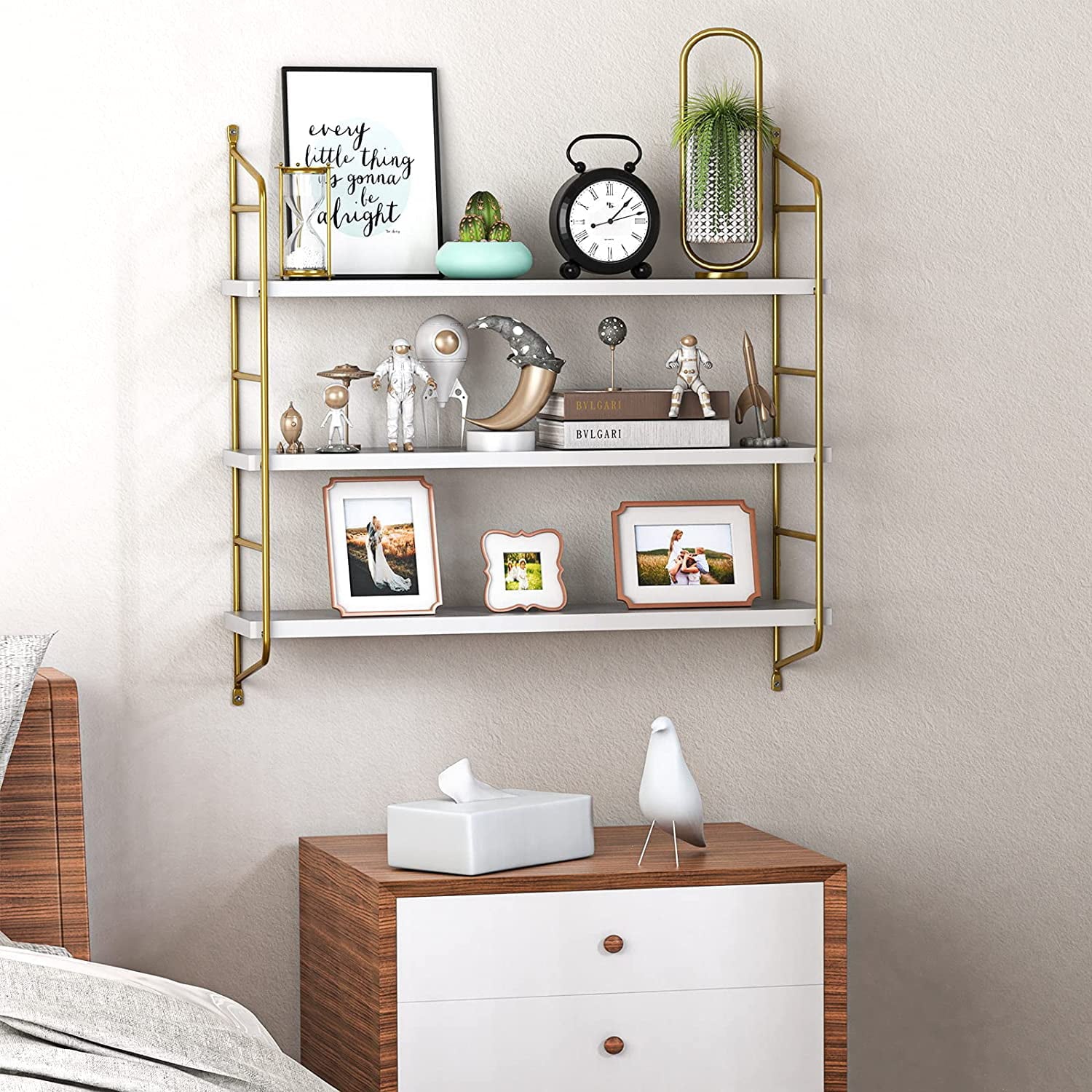 Golden & White Wall Mounted Floating Shelves for Bathroom, Kitchen & Bedroom