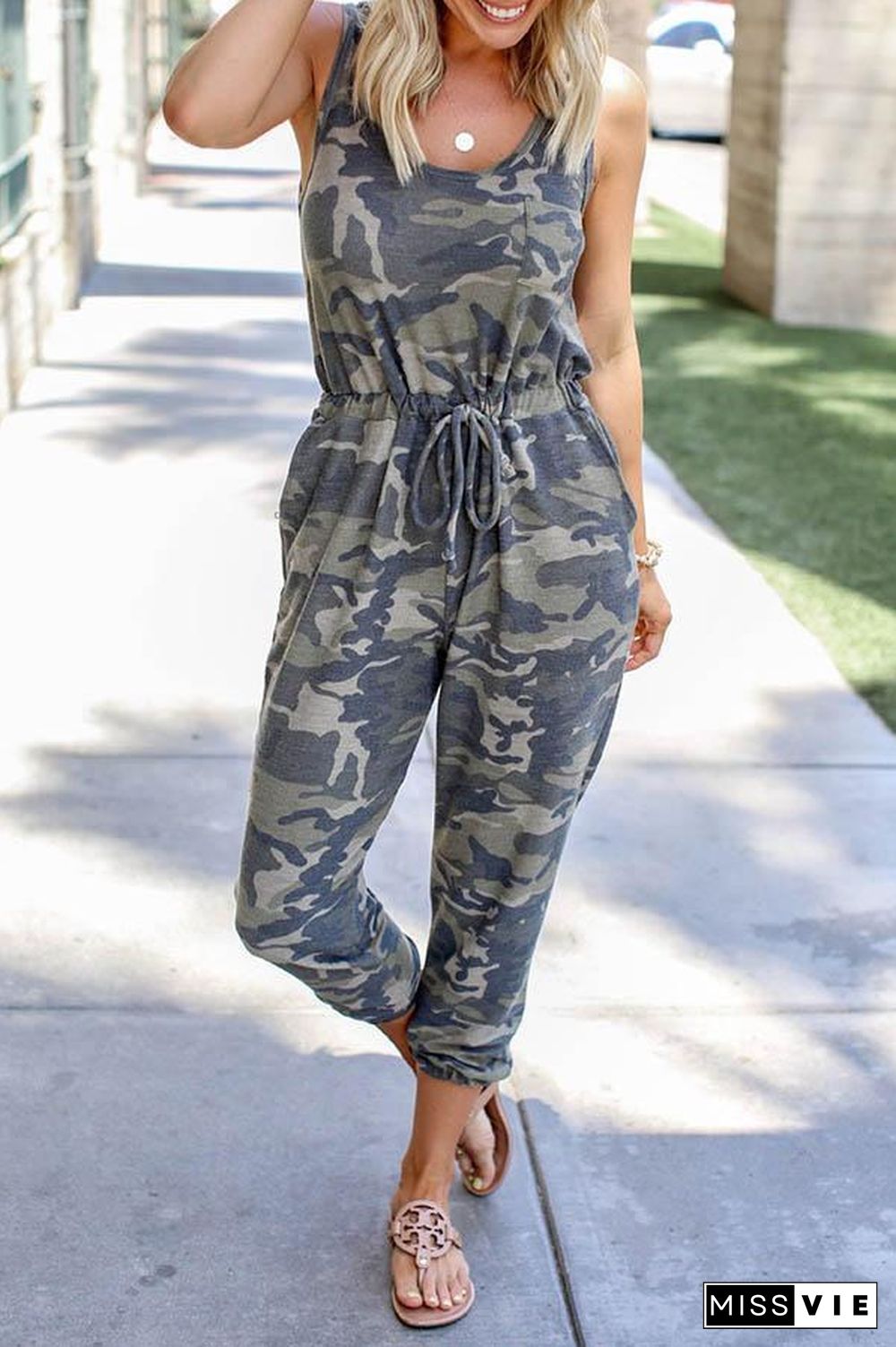 Sleeveless Camouflage Vest Drawstring Jumpsuits P14826