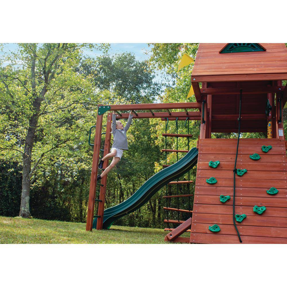 Gorilla Playsets Sun Palace II Wooden Outdoor Playset with Monkey Bars Wave Slide Rock Wall and Backyard Swing Set Accessories 01-0013